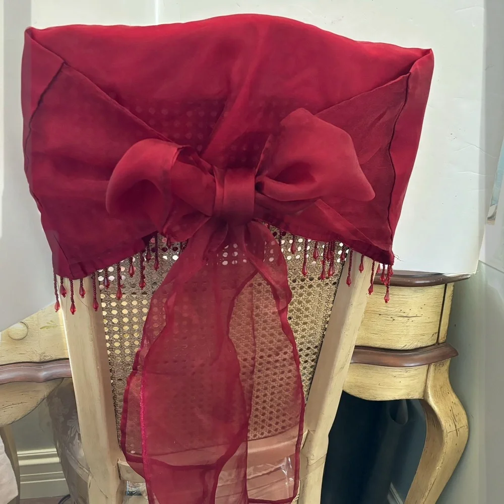 4 Red chair toppers organza bows with beaded fringe NWOT
